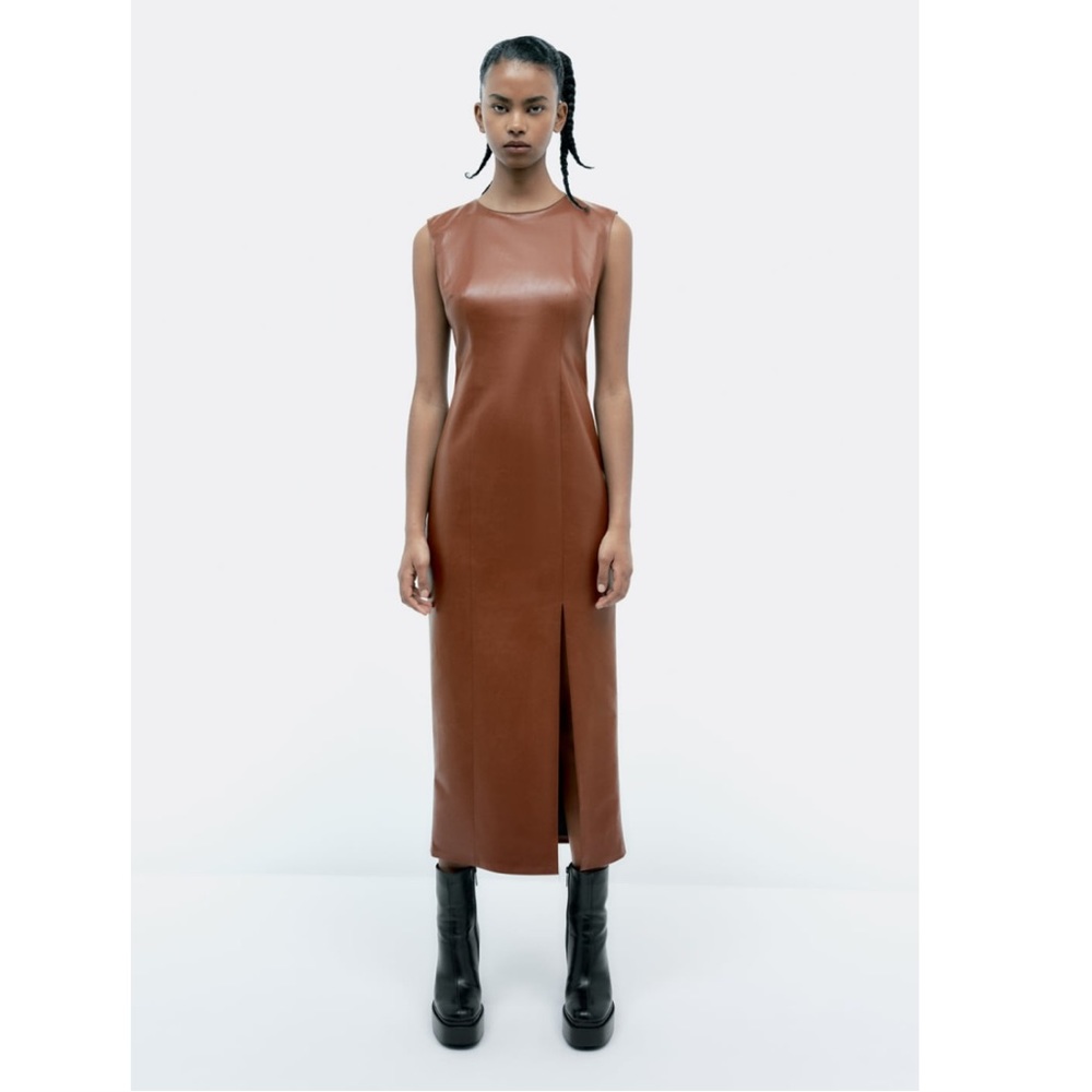 NWT Zara Woman Faux Leather Brown Midi Dress Size S Small